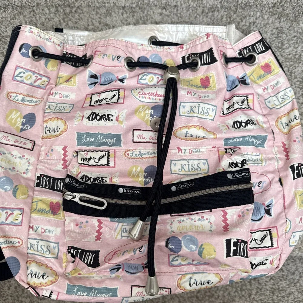 LeSportsac Small Mini Backpack Love Print Cinch Top Snap Closure Zipped Pockets